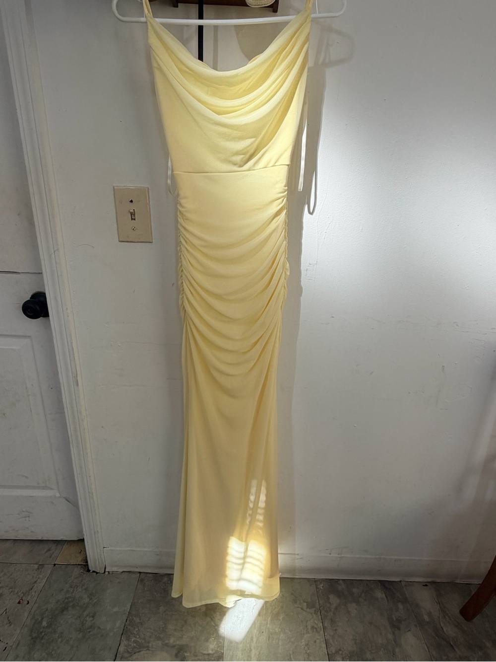 Windsor Pale Yellow Cowl Neck Ruched Maxi Dress